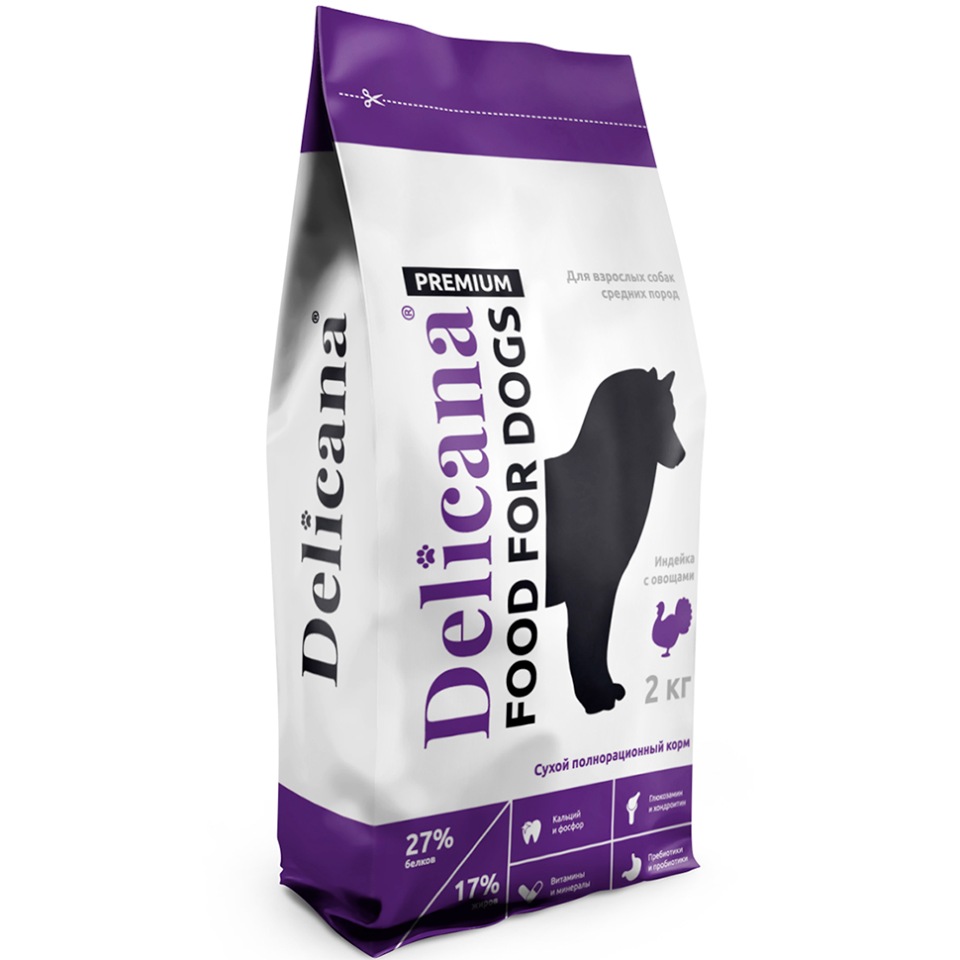 Сухой корм для собак Delicana Premium, для средних пород, индейка, овощи, 2кг