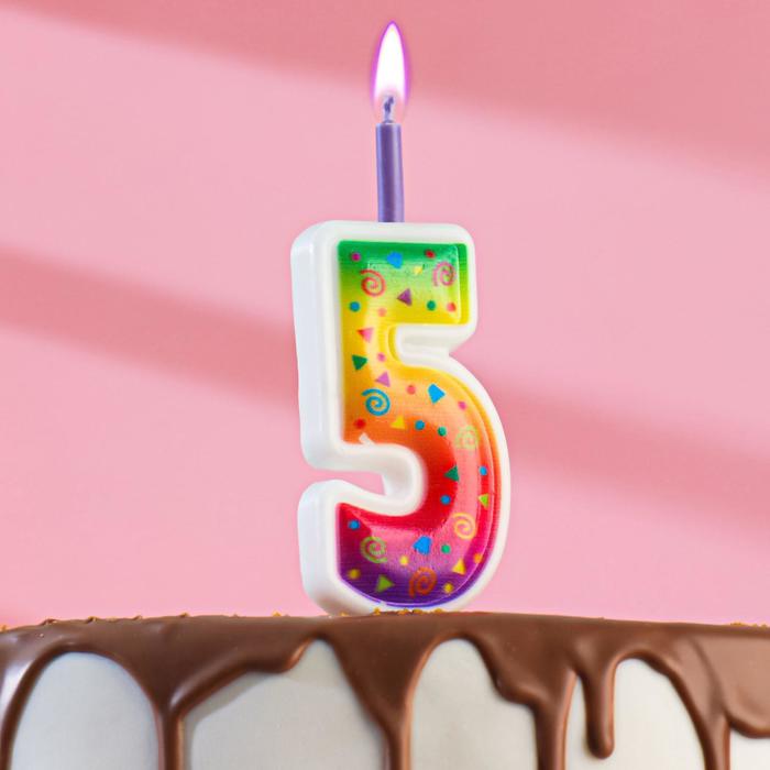 Свеча для торта "Цветное пламя", 12.3 см, цифра "5", микс