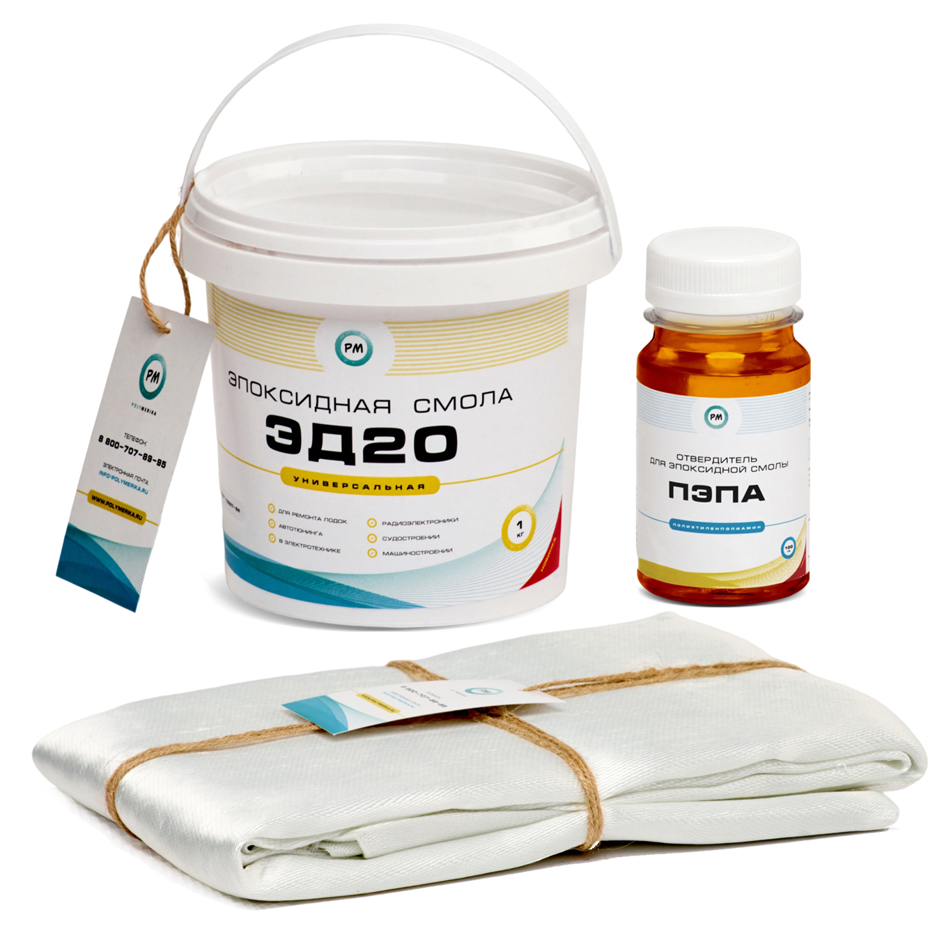 Эпоксидная смола Polymerika ЭД-20 1 кг + Отвердитель ПЭПА 100 гр + Стеклоткань Т-11 2 п/м