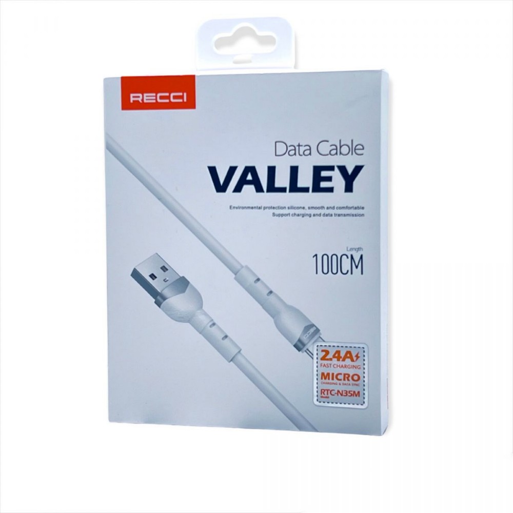 Кабель для зарядки телефона Recci RTC-N35M Valley USB to Micro-USB, 1 метр, 2.4А - Белый