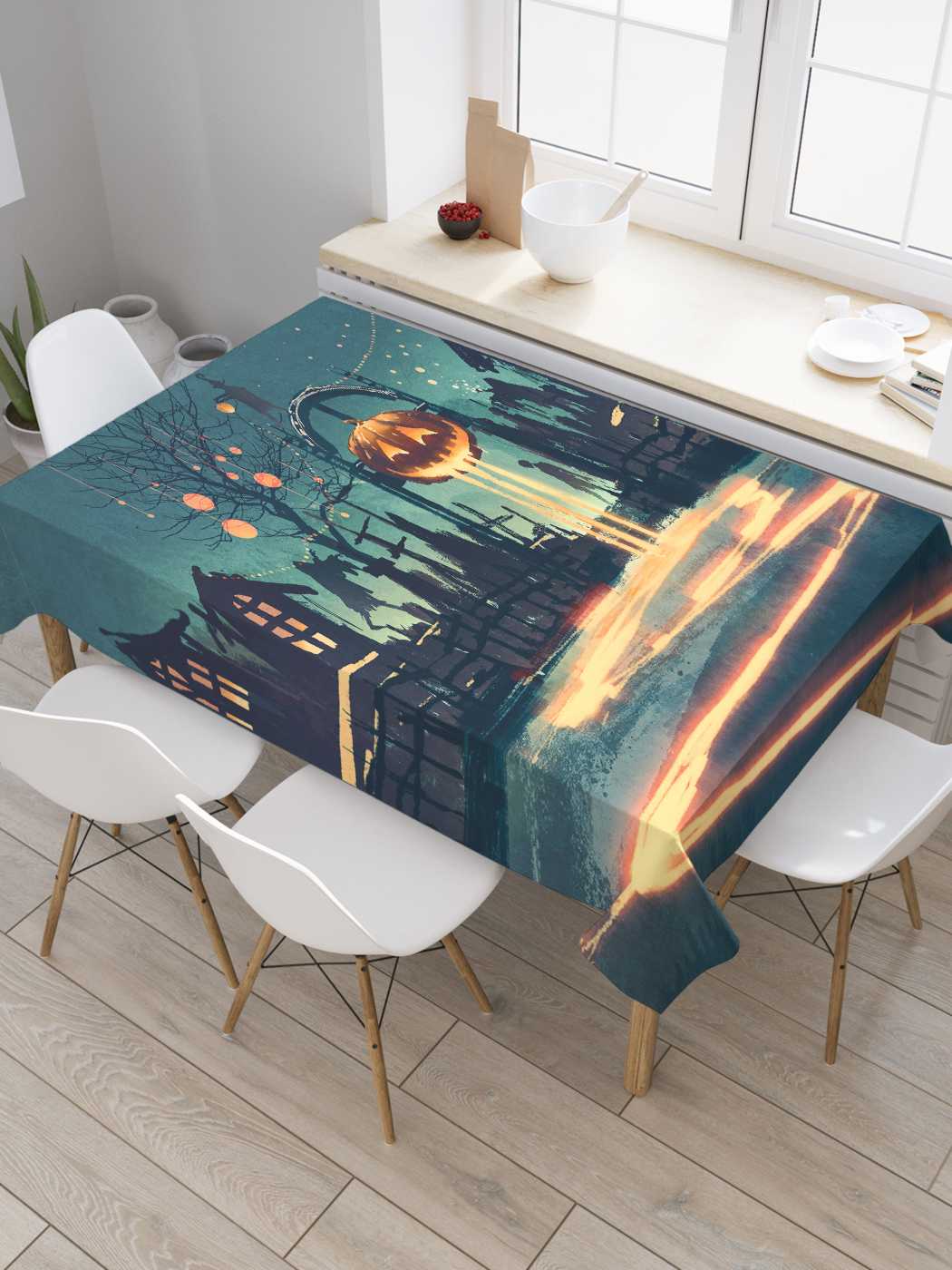 

Скатерть прямоугольная JoyArty "Зловещий поселок" из оксфорда, 120x145 см, Синий, Зловещий поселок
