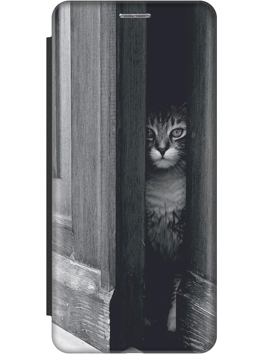 

Чехол-книжка на Xiaomi Poco M5 "Выглядывающий кот" черный, Белый;серый, 15164