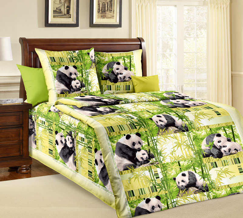 фото Постельное белье панды 1 зел. 1100х 1.5-спальное поплин текс-дизайн