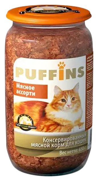 фото Влажный корм для кошек puffins мясное ассорти, паштет, 650г