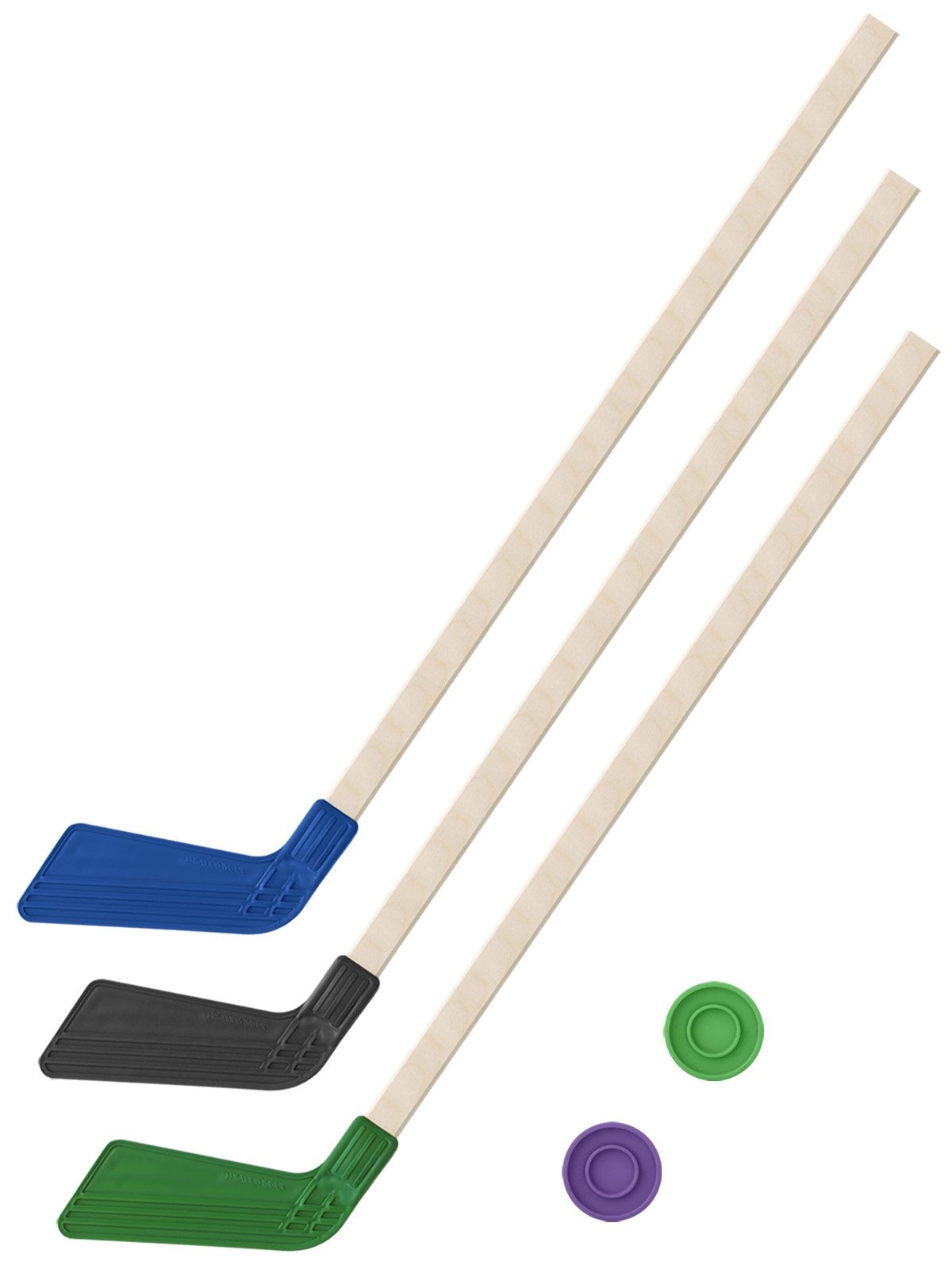 фото Набор зимний задира-плюс клюшка хоккейная 3 клюшки 80 см. (синяя,черная,зеленая)+2 шайбы