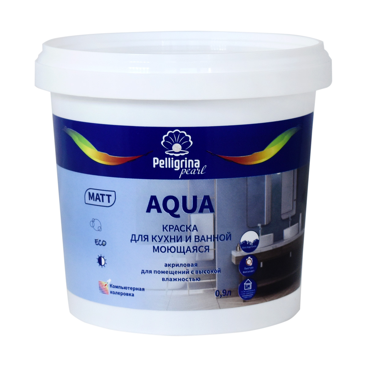 Краска для кухни и ванной Pelligrina Pearl Aqua, акриловая, матовая, база A, белая, 0,9 л краска в э фасадная symphony aqua lap 9л