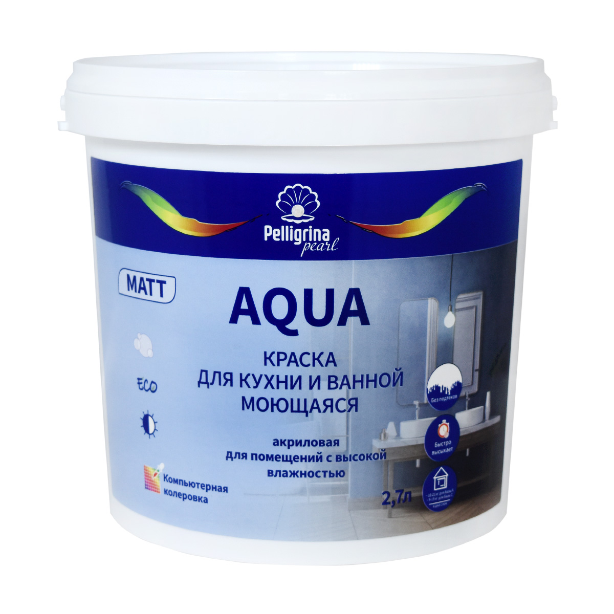 Краска для кухни и ванной Pelligrina Pearl Aqua, акриловая, матовая, база A, белая, 2,7 л краска в э фасадная symphony aqua lap 9л