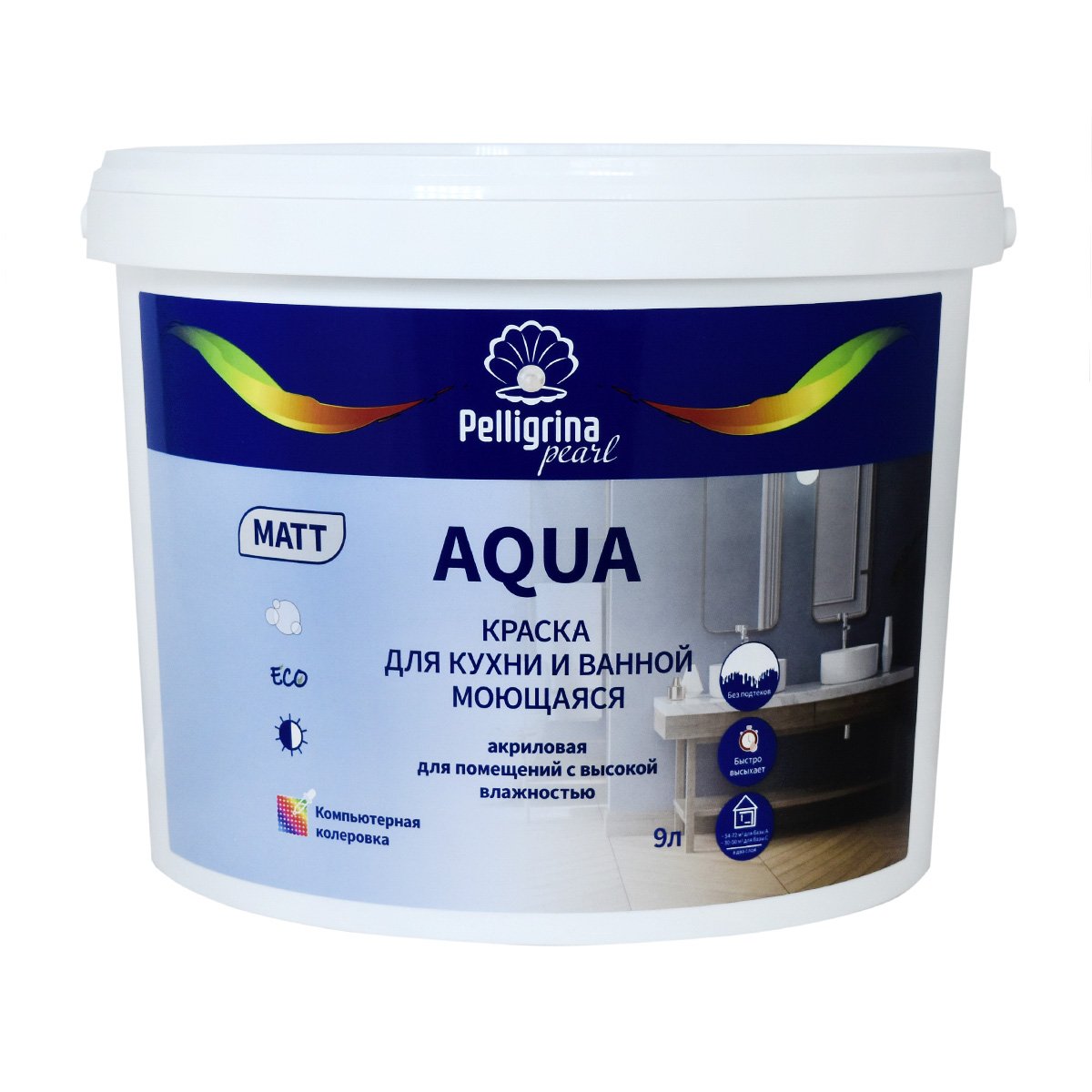 Краска для кухни и ванной Pelligrina Pearl Aqua, акриловая, матовая, база A, белая, 9 л краска teknos futura aqua 3 pm1 3 2 7л