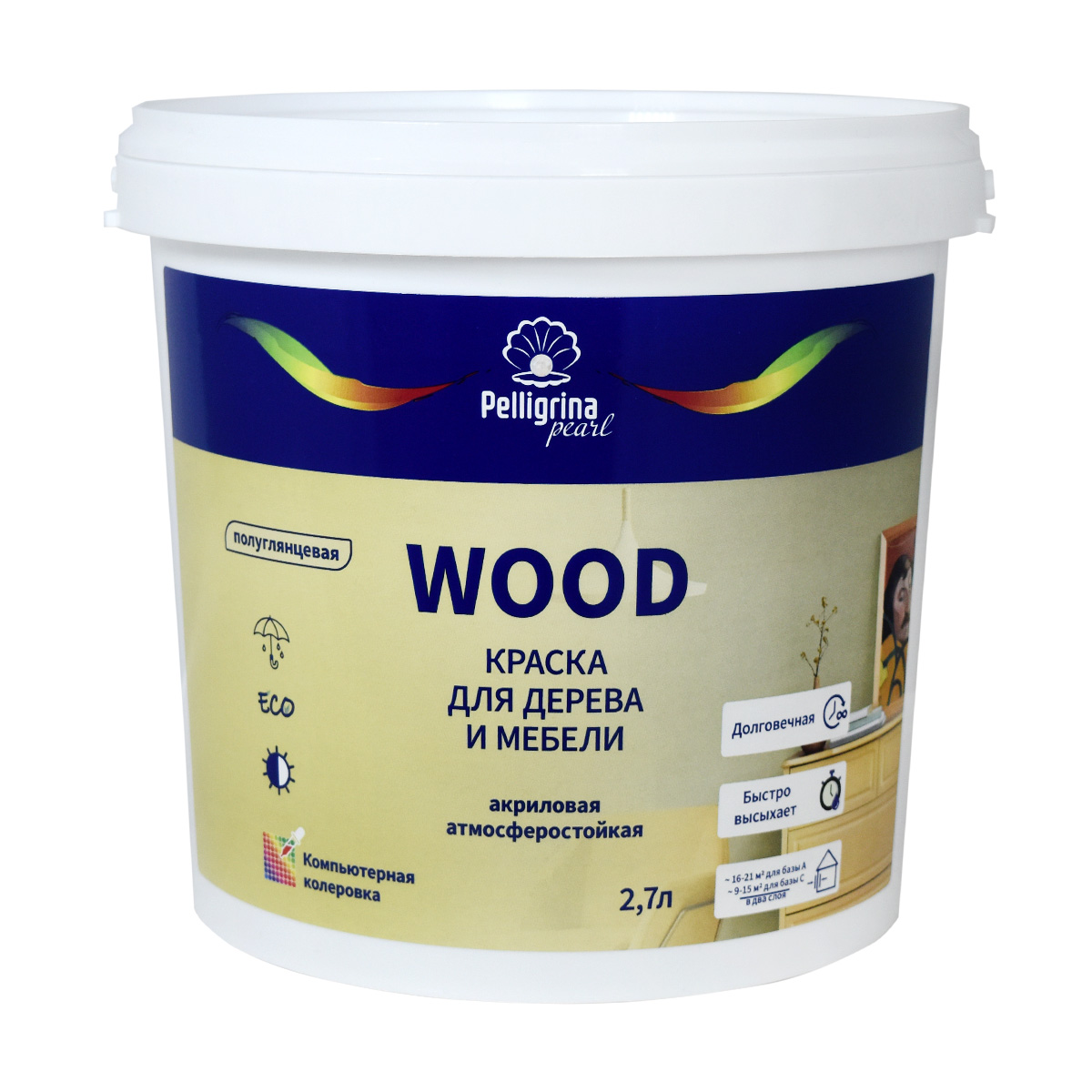 Краска для дерева и мебели Pelligrina Pearl Wood, акриловая, база С, бесцветная, 2,7 л краска olsta wood paint для дерева a 9 0 л