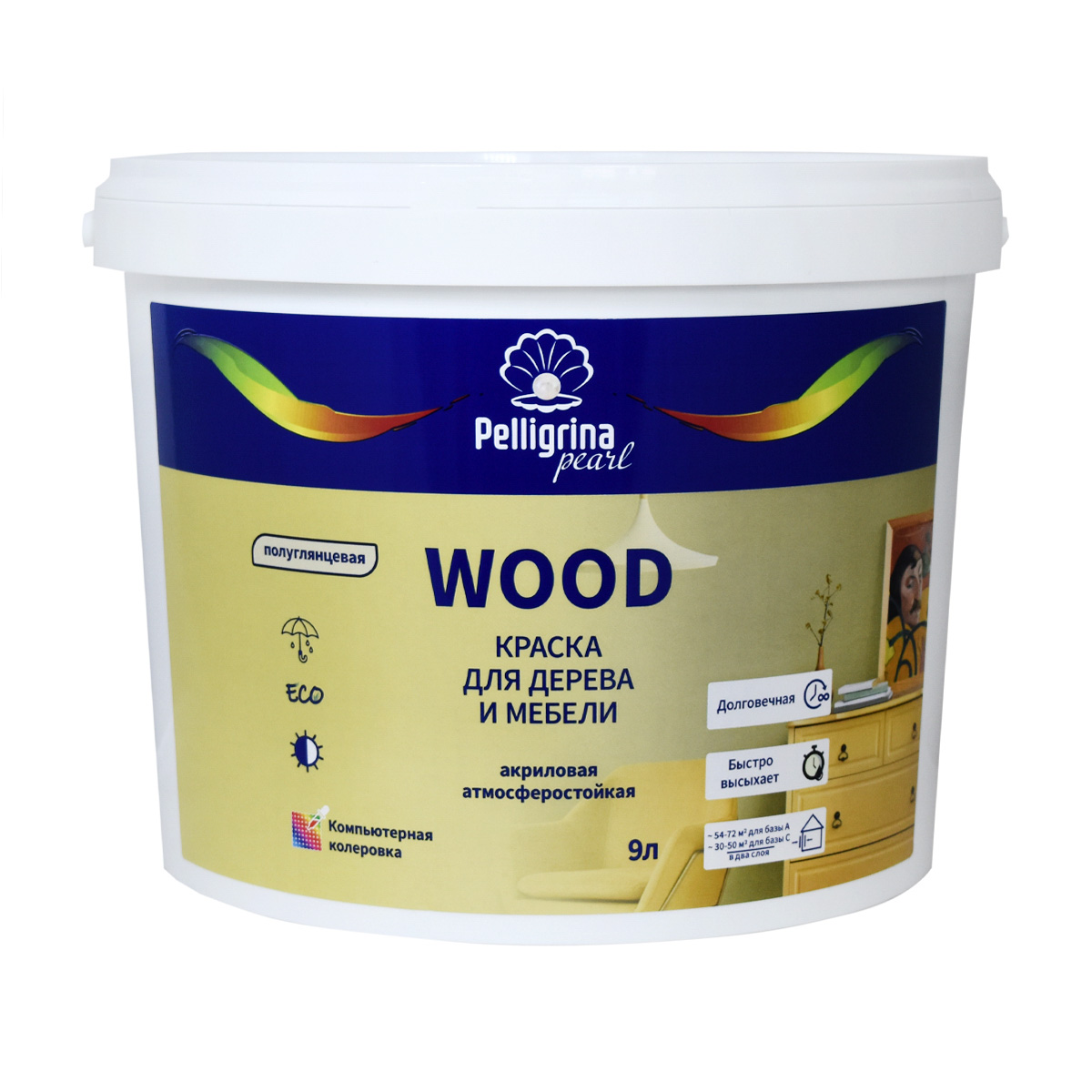 Краска для дерева и мебели Pelligrina Pearl Wood, акриловая, база С, бесцветная, 9 л краска olsta wood