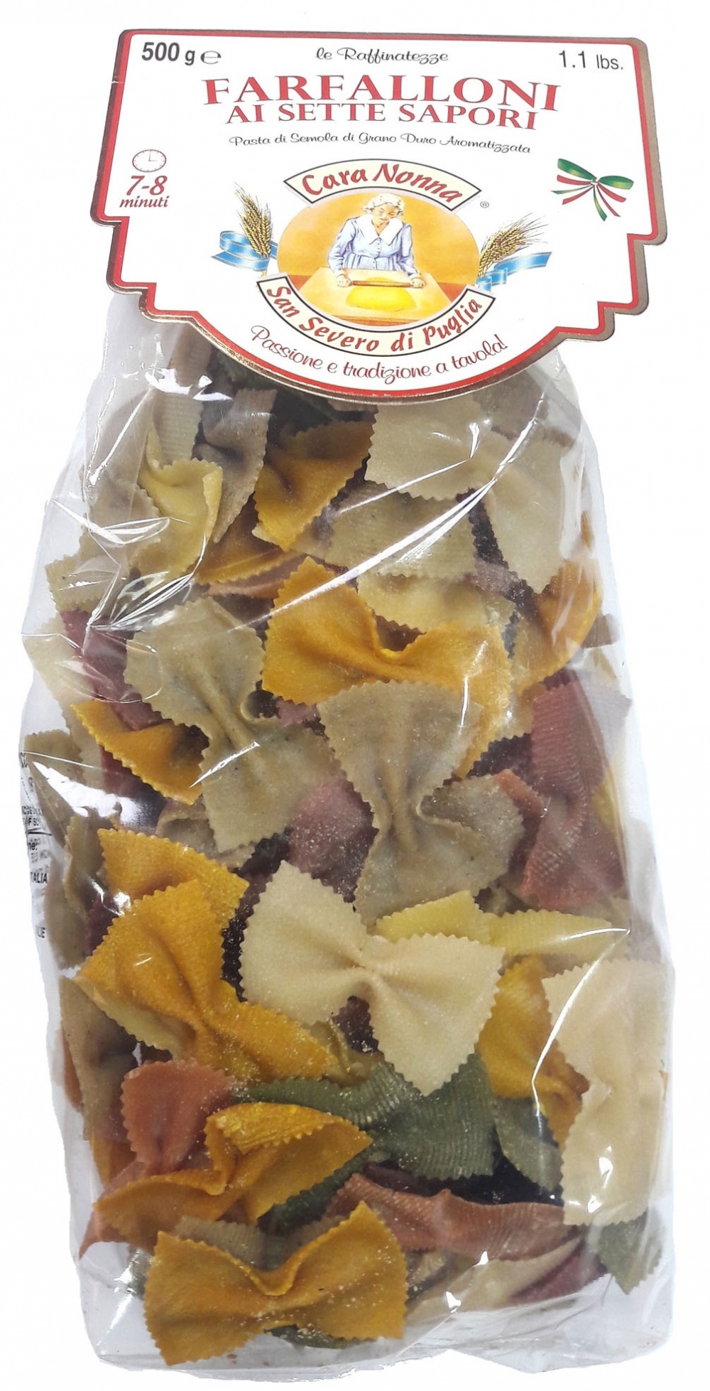 

Паста CARA NONNA (сделана вручную) 7 цветов FARFALLONI (крупные бантики) 500г