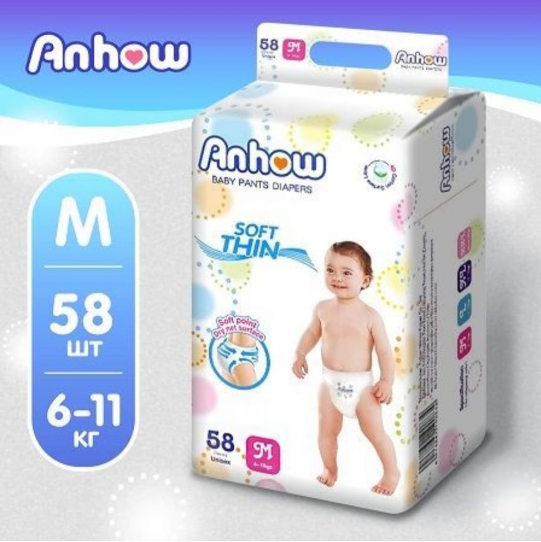 Подгузники- трусики ТМ Anhow 6-11 кг размер М, 58 шт в упаковке