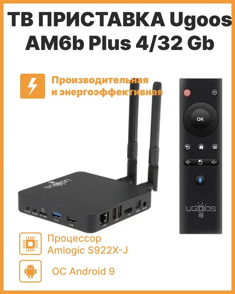

Смарт ТВ приставка Ugoos AM6B Plus 4/32Gb (WiFi-6) c Bluetooth пультом, Черный