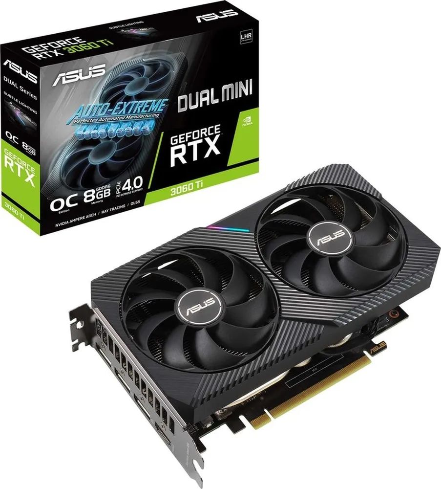 

Видеокарта ASUS NVIDIA GeForce RTX 3060 Ti 8Gb (DUAL-RTX3060Ti-O8G-MINI-V2), Черный, GeForce RTX 3060 Ti MINI OC Edition V2 (LHR)