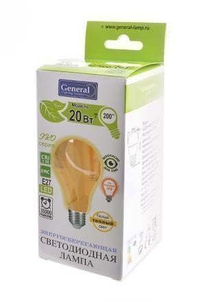 

Светодиодный светильник General ЭКО GLDEN-A65S-20ВТ-230-E27-2700 Филамент 10.5Вт E27 2700K