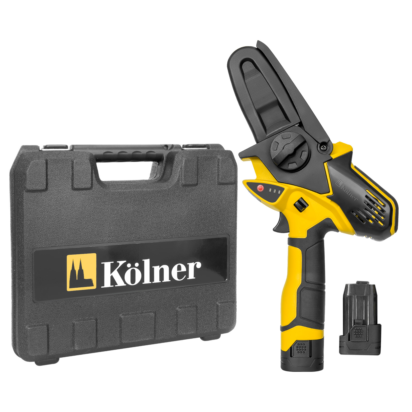 фото Пила цепная аккумуляторная kolner kccs 10/14.4c, 14.4 в, 2х1.5 ач, 4", шаг 1/4", 28 зубьев