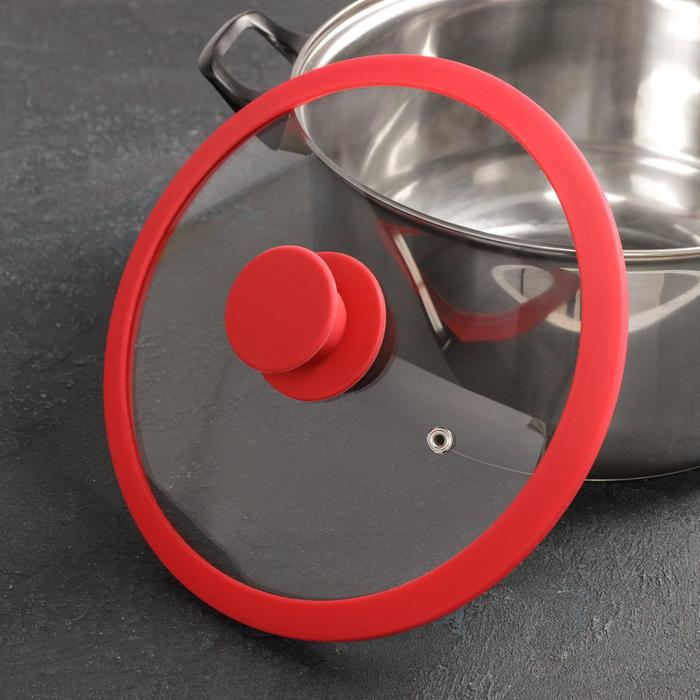 Крышка для сковороды и кастрюлистеклянная с силиконовым ободком и ручкой, d=22 см, красный