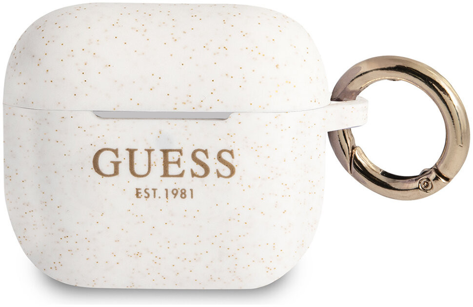 фото Чехол с карабином cg mobile guess silicone with ring для airpods 3, блестящий белый