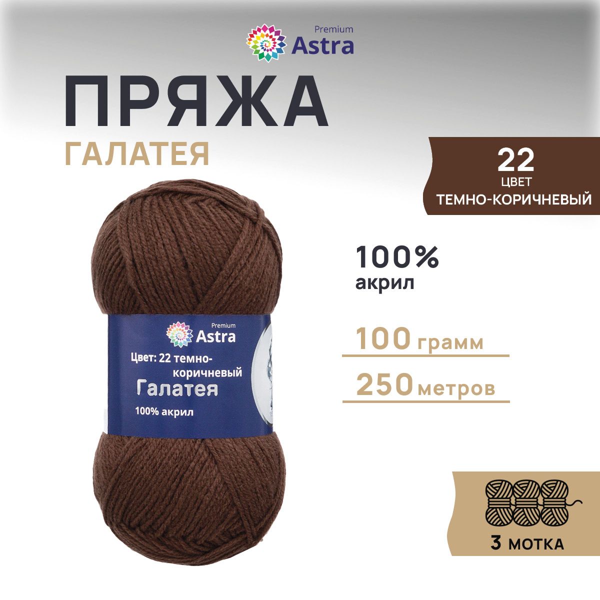 

Пряжа для вязания Astra Premium Галатея 100г 250м, 100% акрил (22 темно-коричневый), 3 шт, 7715898