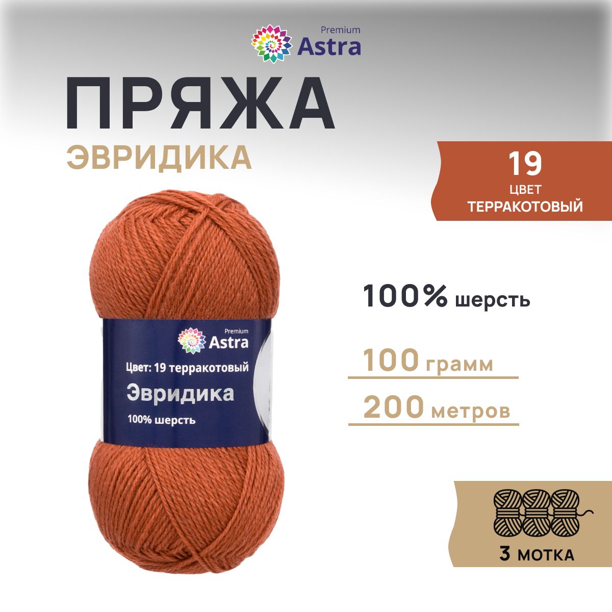 

Пряжа для вязания Astra Premium Эвридика 100г 200м, овечья шерсть (19 терракотовый), 3 шт, Оранжевый, 7715899