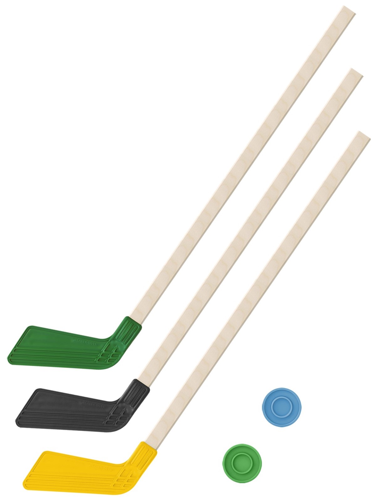 фото Набор зимний задира-плюс клюшка хоккейная 3 клюшки 80 см. (зеленая,черная,желтая)+2 шайбы