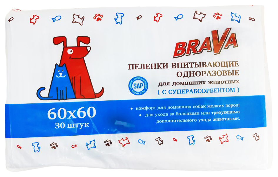 

Пеленки для домашних животных Brava, 60х60 см, 30 шт, Белый