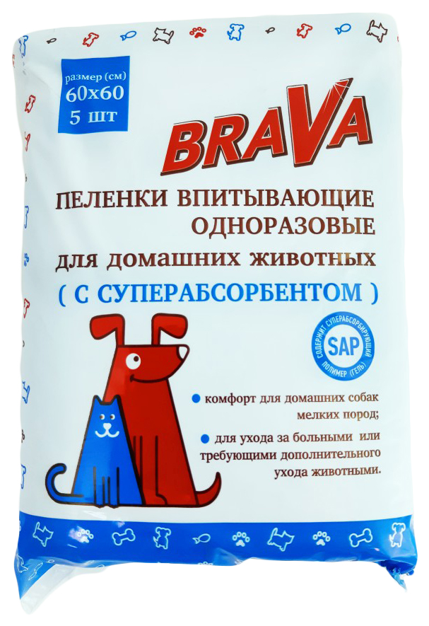 

Пеленки для домашних животных Brava, 60х60 см, 5 шт, Белый