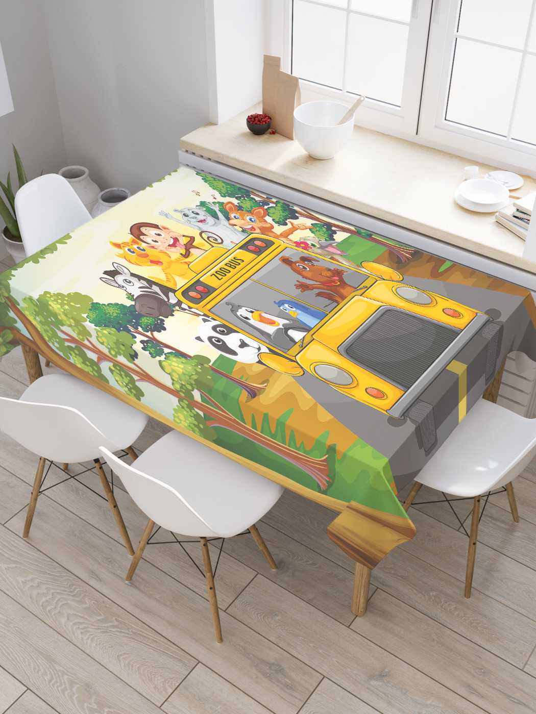 

Скатерть прямоугольная JoyArty "Автобус с животными" из сатена, 180x145 см, Автобус с животными