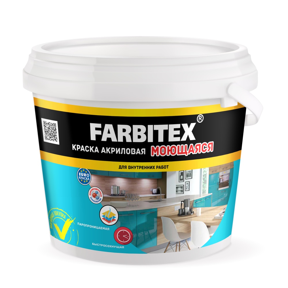 Краска Farbitex акриловая, моющаяся, матовая, 3 кг