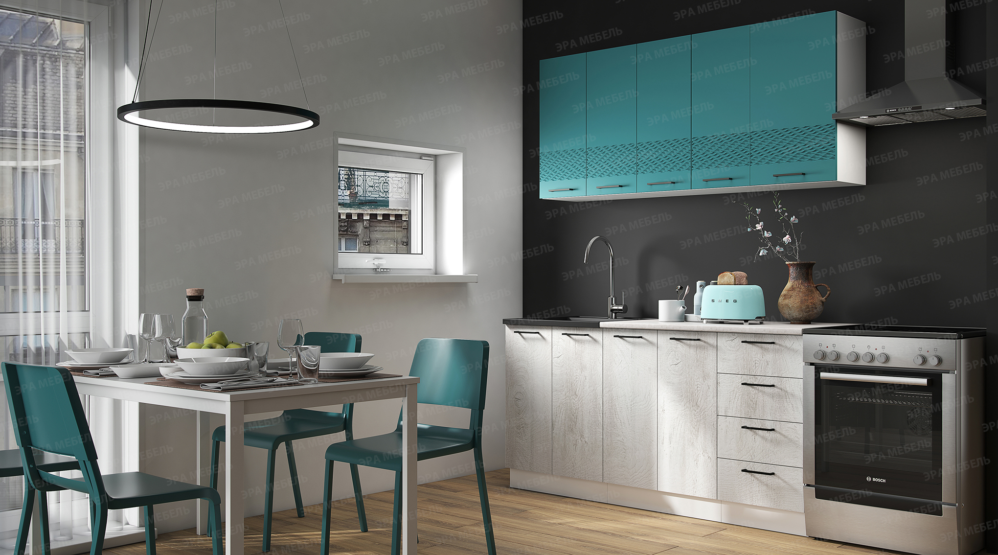 

Кухонный гарнитур ЭРА Лагуна 160 см морская волна/дуб седой, Лагуна