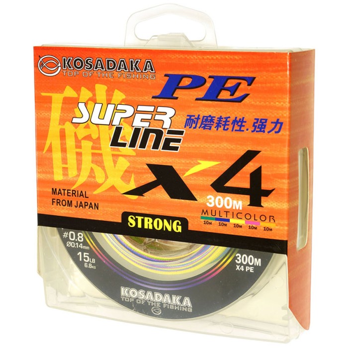 Шнур Kosadaka SUPER LINE PE X4 300м, multicolor, 0,20мм, 12,2кг