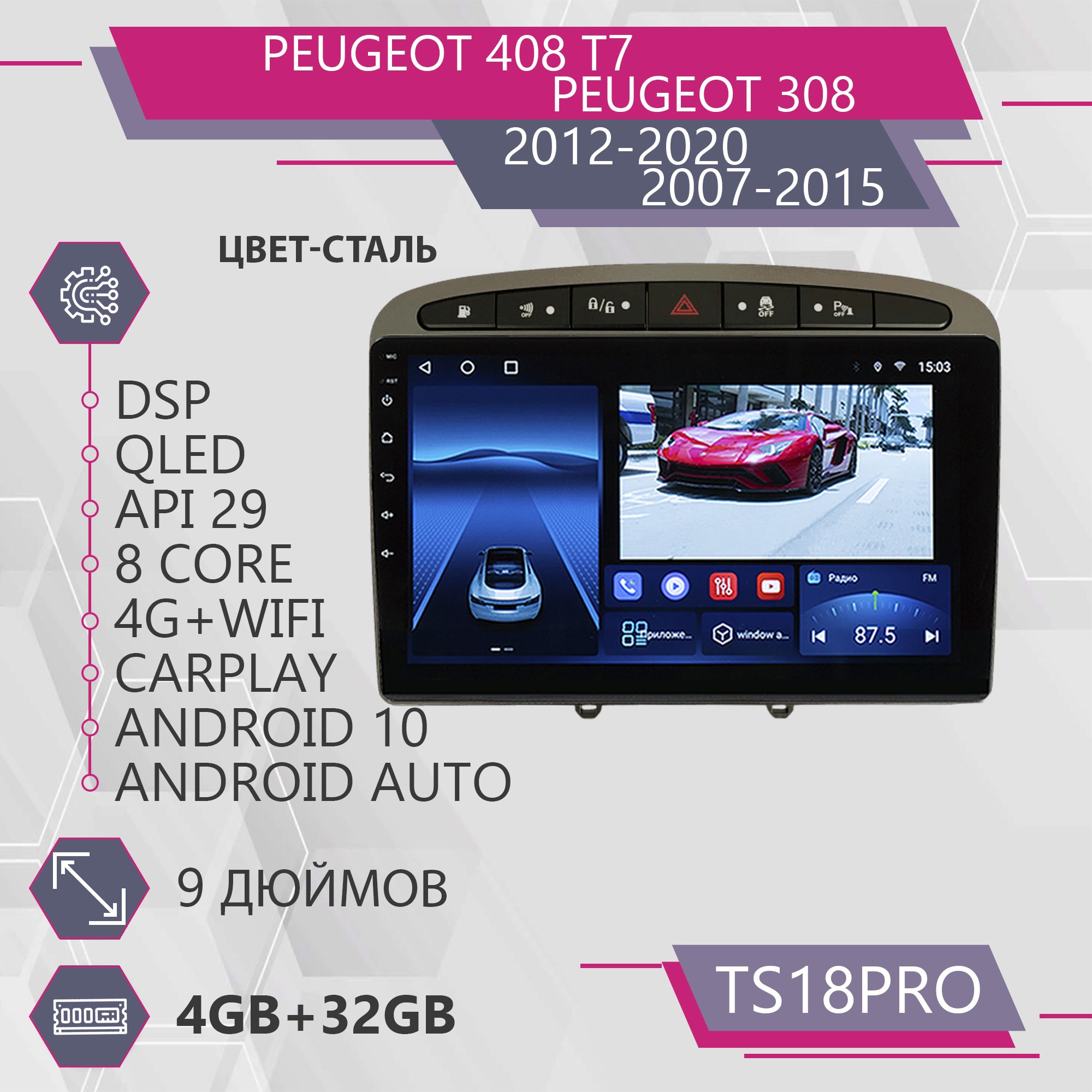Магнитола Точка Звука TS18Pro для Peugeot 408/308 Пежо 4+32GB 2din