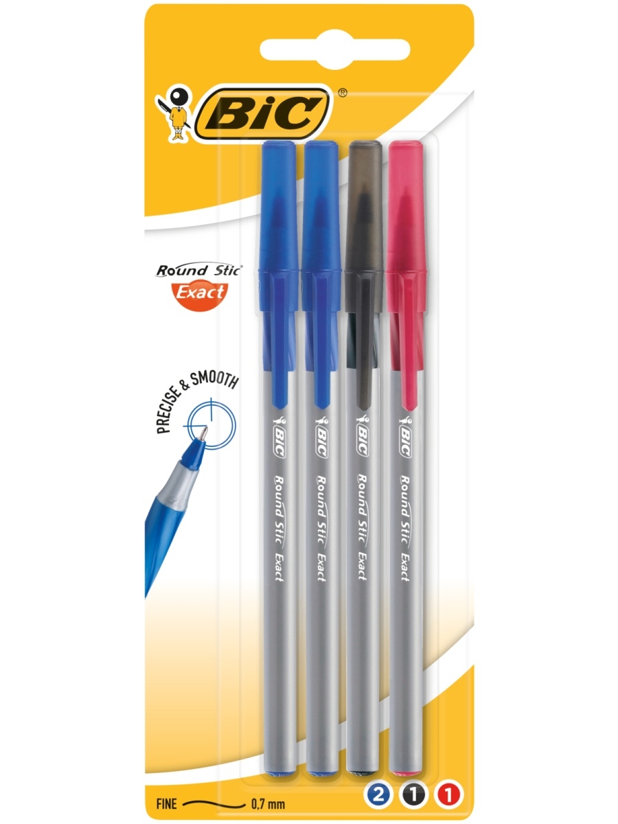 Набор ручек шариковых BIC Раунд Стик Экзакт 932858, син., черн., красн., 0,5 мм, 4 шт.