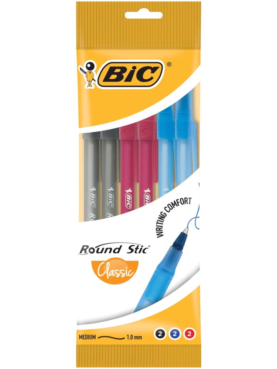 Набор ручек шариковых BIC Round Stic 929071, красные, синие, черные, 0,32 мм, 6 шт.