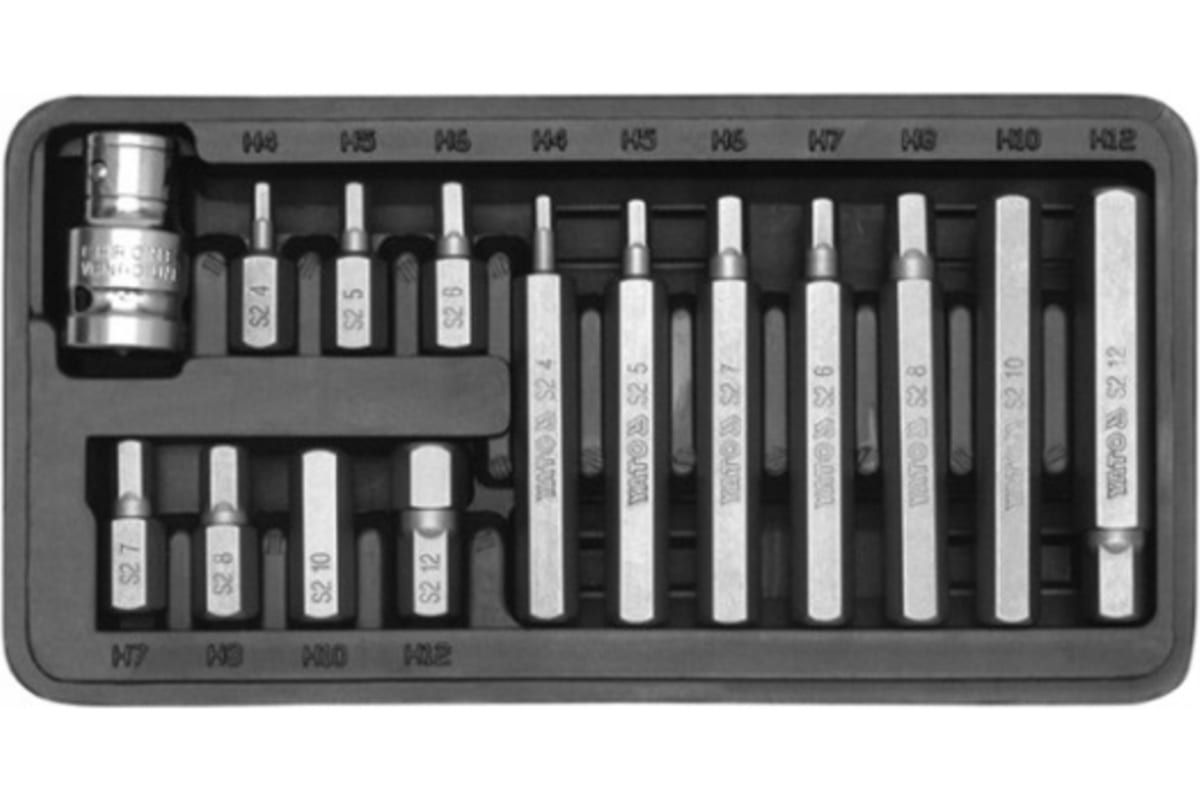 

YATO Набор бит 1/2 inch, HEX (6 гр.), 15 пр (L=30 мм, L=75 мм): Н4, Н5, Н6, Н7, Н8, Н10, Н