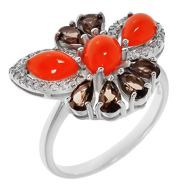 

Кольцо из серебра р. 18 Balex Jewellery 1405936844, коралл\раухтопаз\фианит, 1405936844