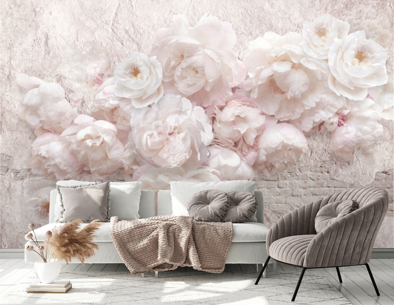 фото Фотообои dekor vinil с цветами нежные пионы на кирпичной стене 400х270 см