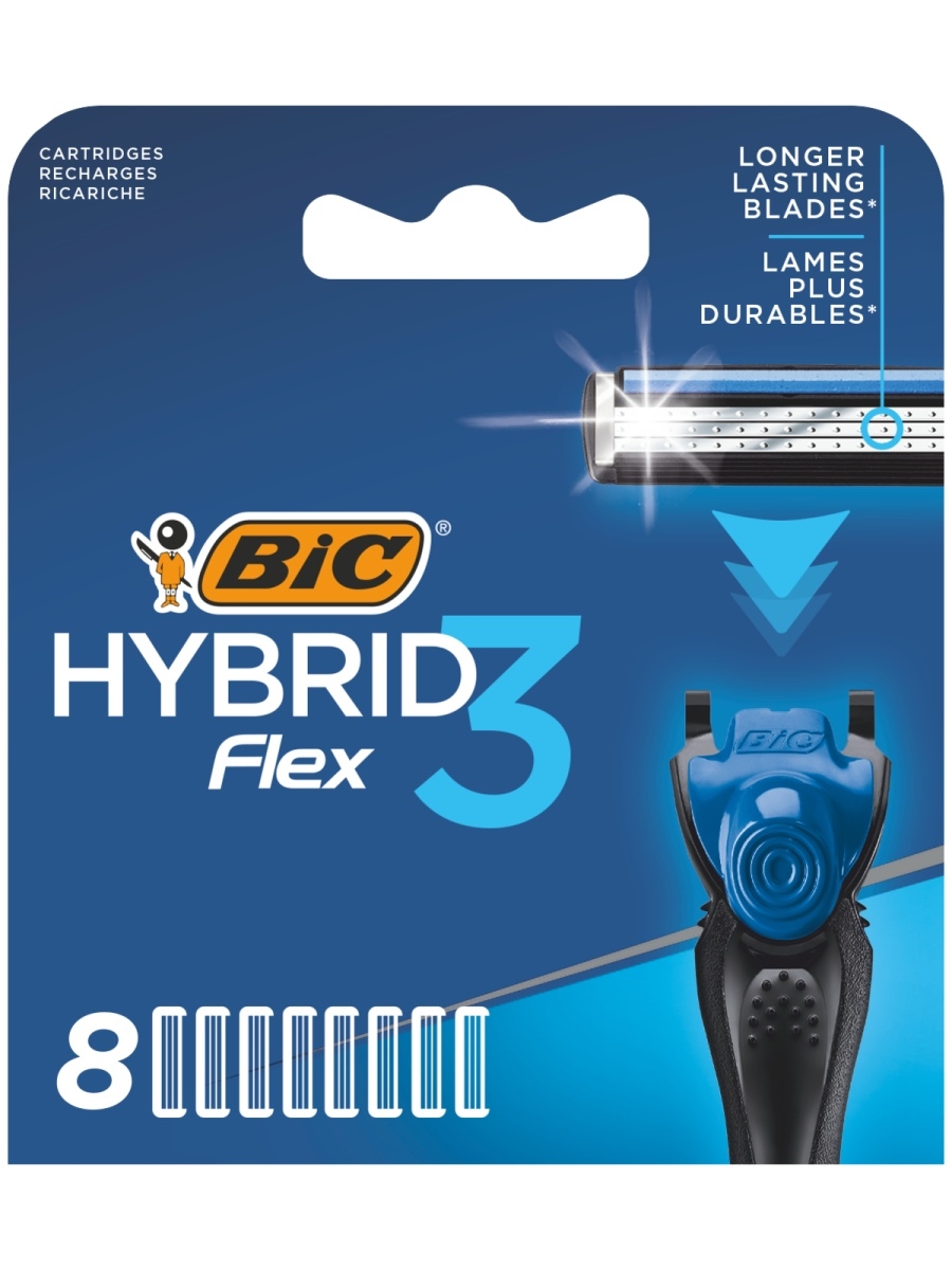Сменные кассеты BIC Flex 3 Hybrid 8 шт бритва мужская bic 2 лезвия плавающая головка flex 2 hybrid уп 1 ручка и 8кассет