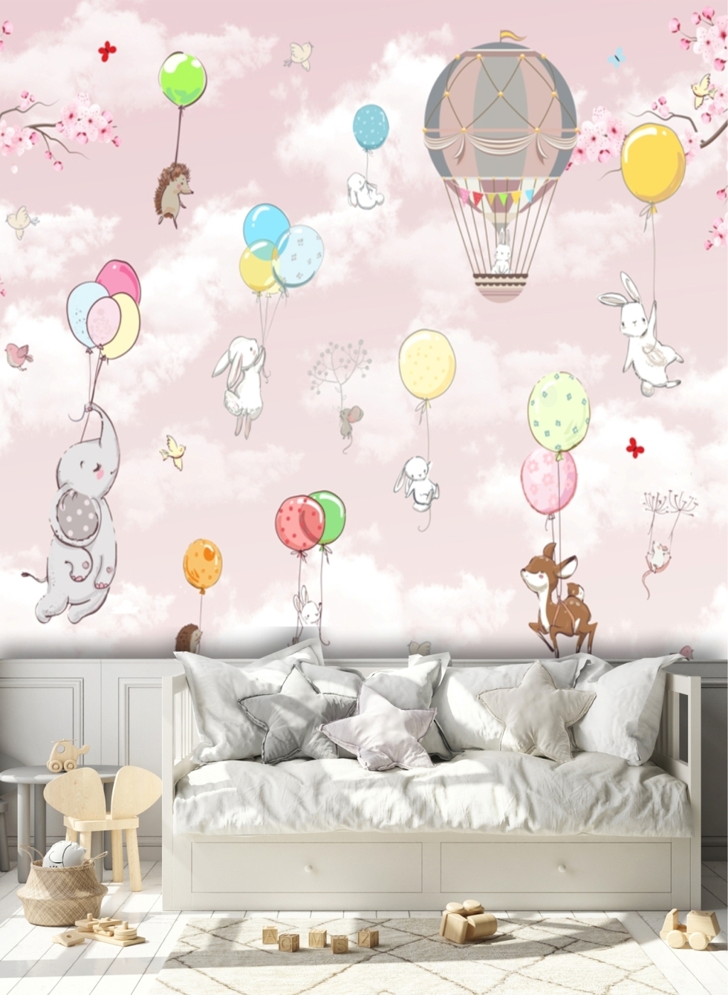 фото Фотообои dekor vinil с животными звери на воздушных шарах в розовом небе 200х200 см