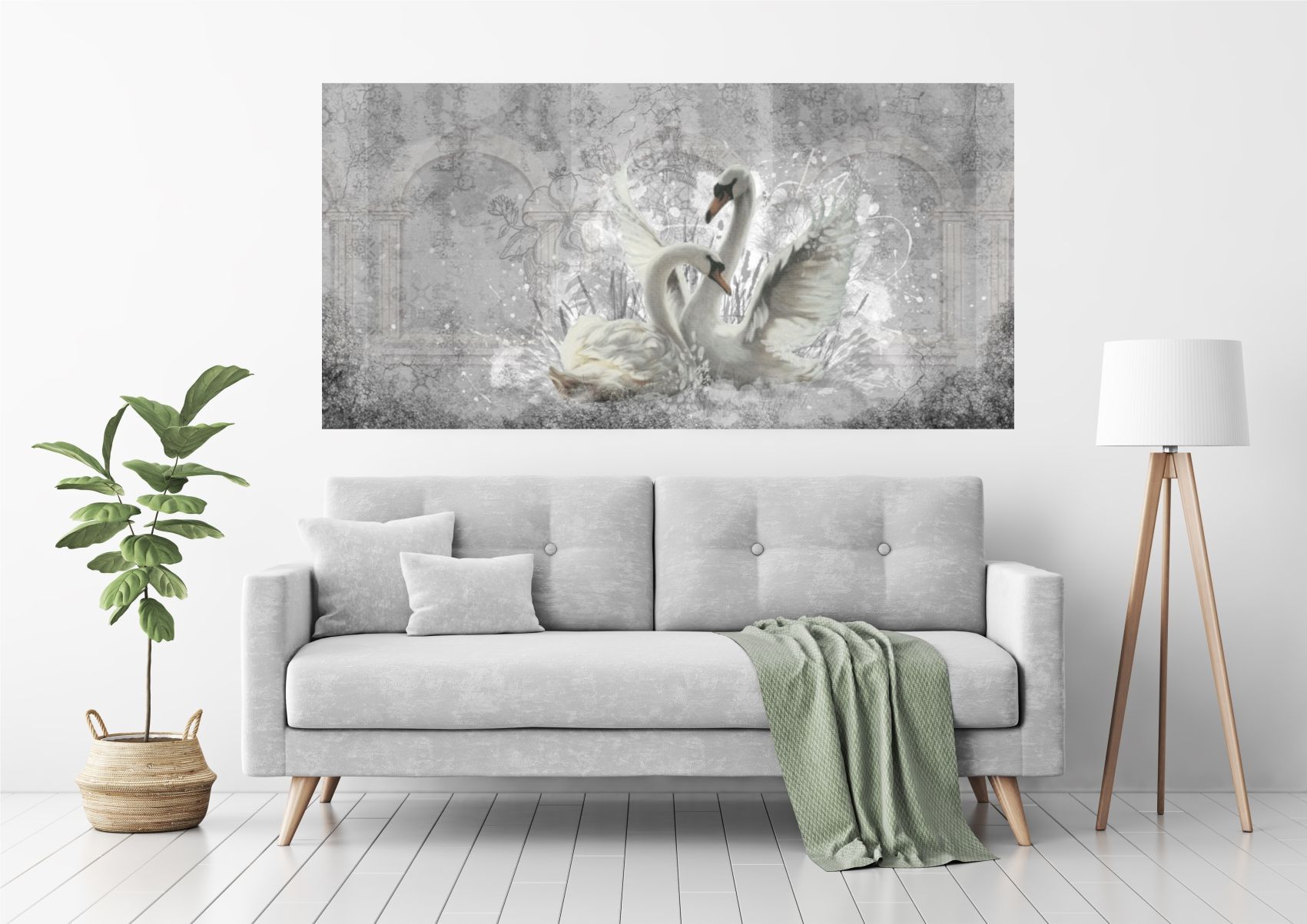 Фотообои Dekor Vinil с птицами Пара лебедей на сером фоне на стену 100х200 см