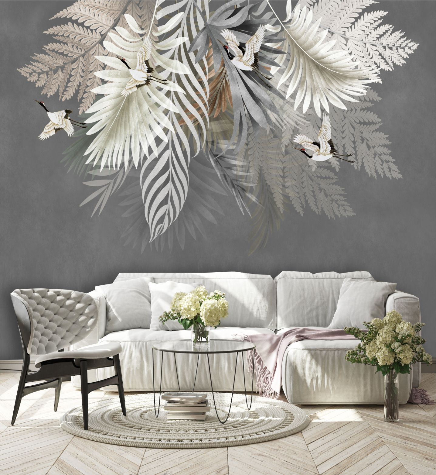 фото Фотообои dekor vinil "листья и птицы на сером фоне" 300х270 см