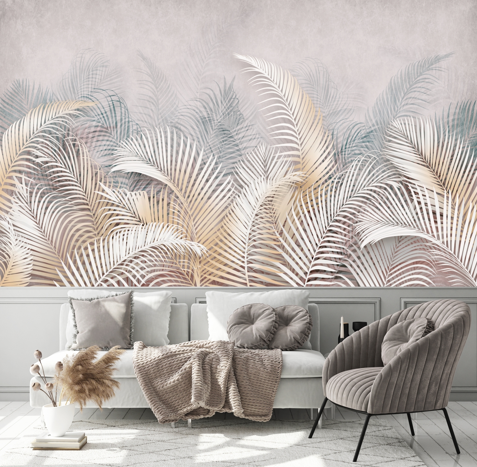 фото Фотообои dekor vinil листья пальмы в пастельных оттенках 300х180 см