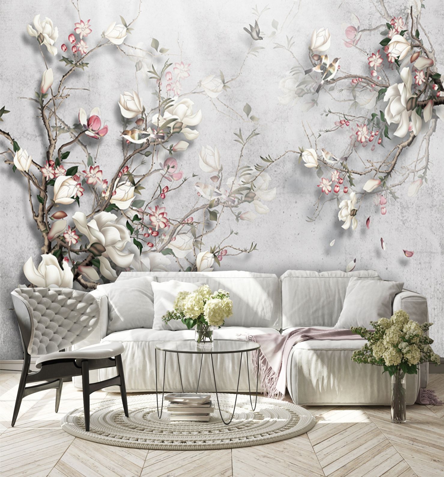 фото Фотообои dekor vinil "цветы и птицы на сером фоне" 300х270 см