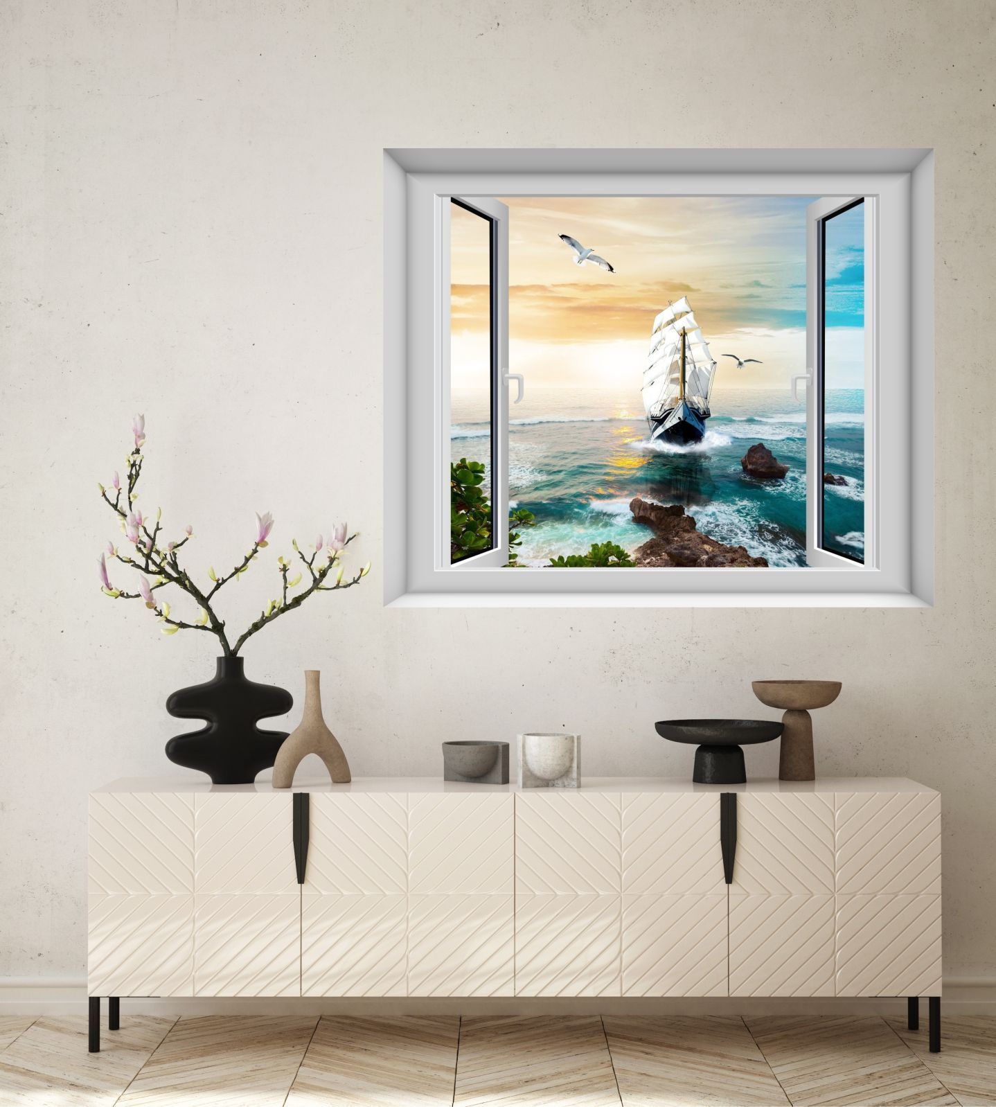Фотообои Dekor Vinil постер Вид из окна на парусник в море бесшовные 100х120 см