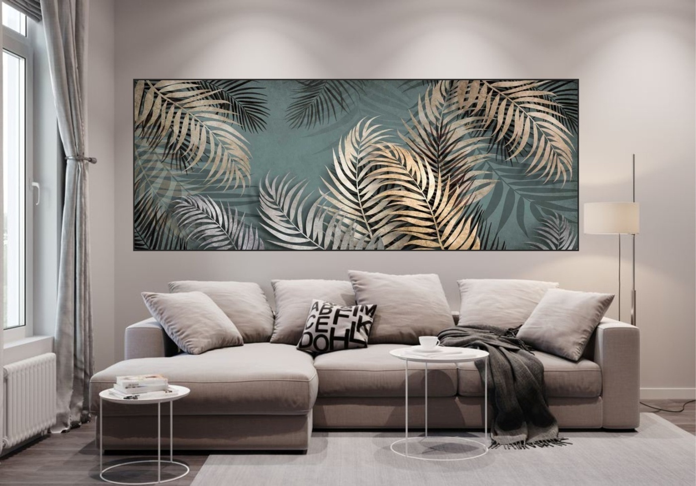 Фотообои Dekor Vinil Золотистые пальмовые листья на зеленом фоне 100х270 см