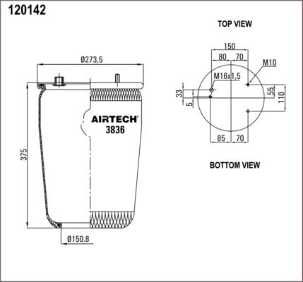 AIRTECH 3836P 3836P_пневмодушка без стак без отбойн 836M 3шпM10 1отв-штM16 смещ28 Н 9000₽