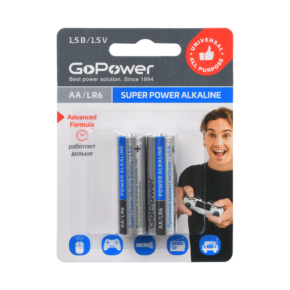 Батарейка алкалиновая GoPower LR6 AA BL2 1.5V (в блистере 2шт) Blue