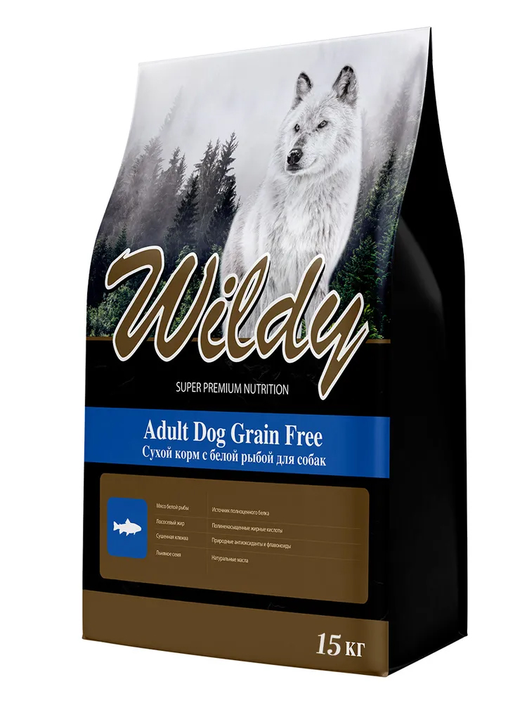 Сухой корм для собак Wildy Adult Dog Grain Free белая рыба, беззерновой, 15кг