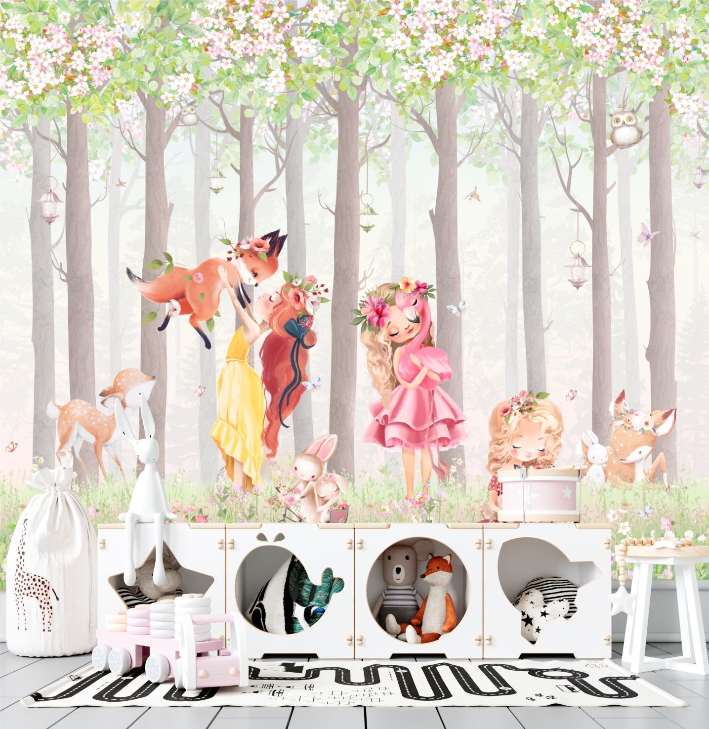 Фотообои Dekor Vinil Сказочный лес с принцессами, оленями и зайчиками 300х270 см