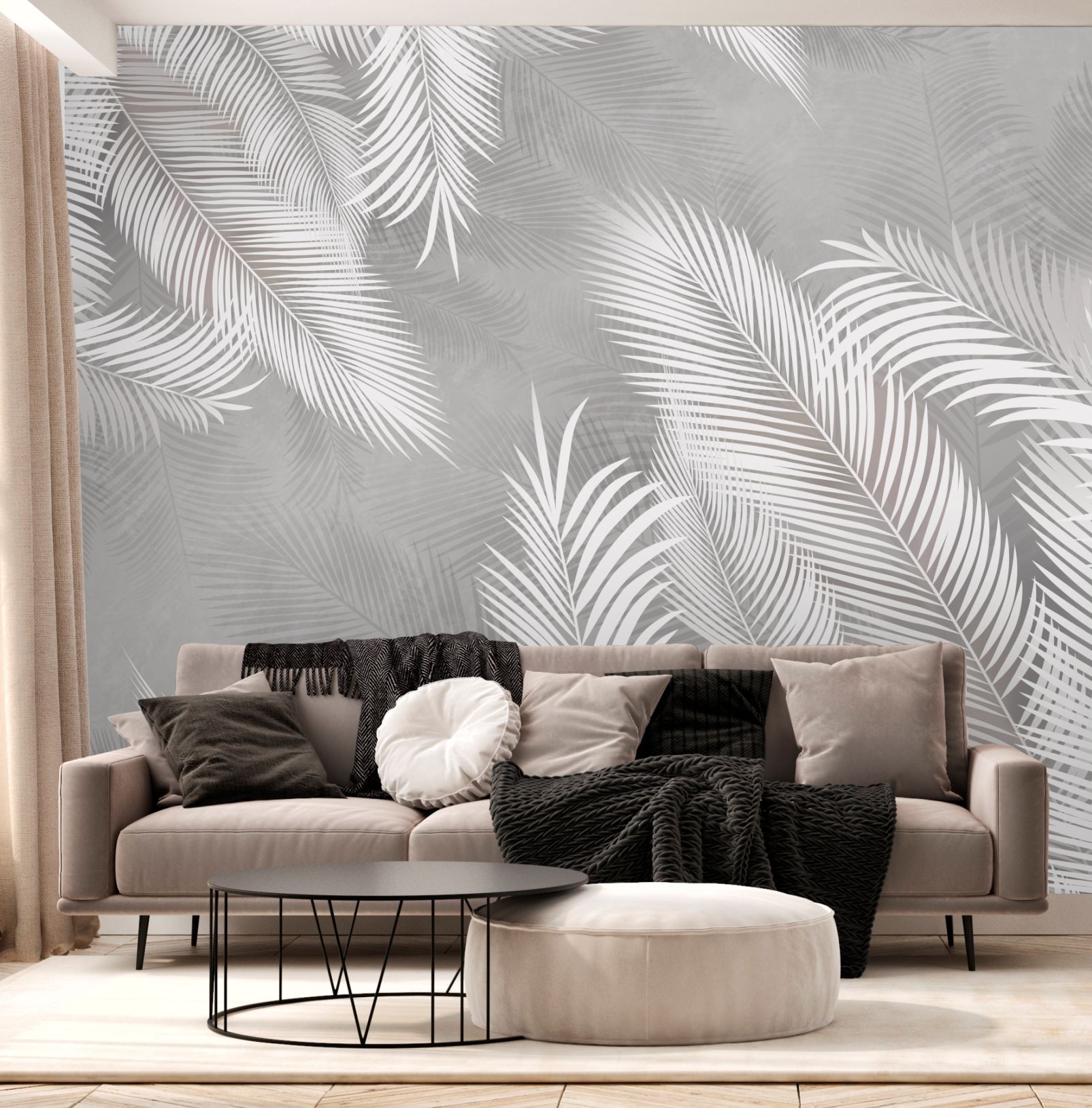 фото Фотообои dekor vinil пальмовые листья, перья на сером фоне 300х270 см
